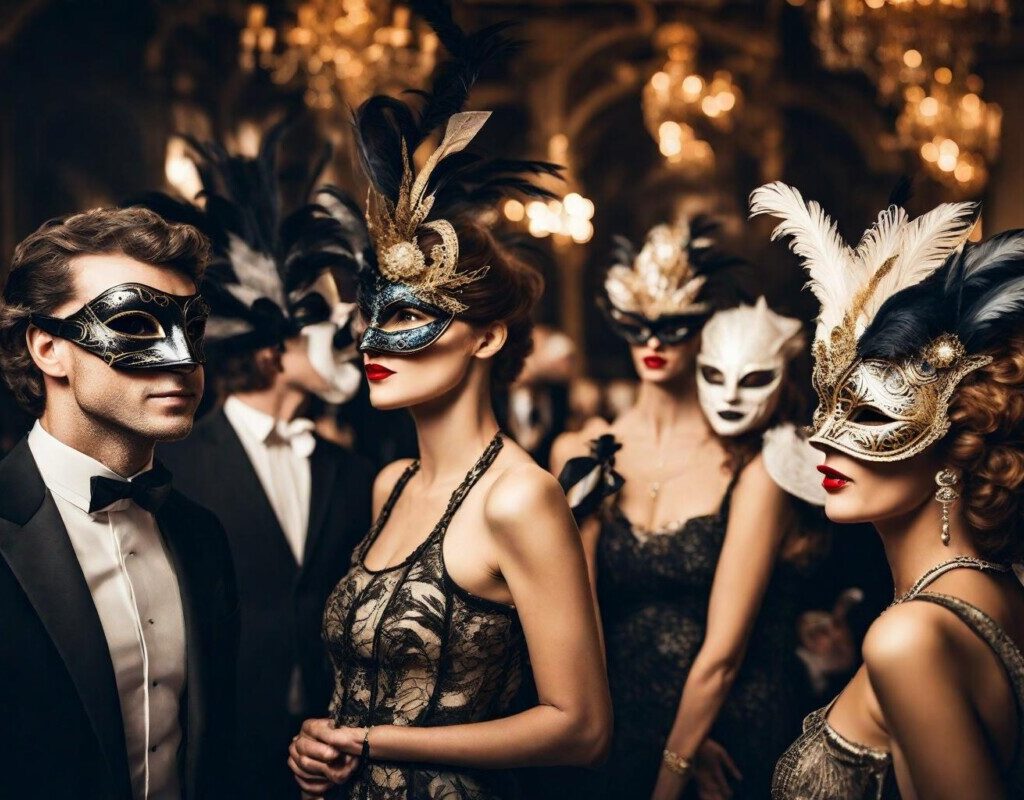 people at gala, people at masquerade ball